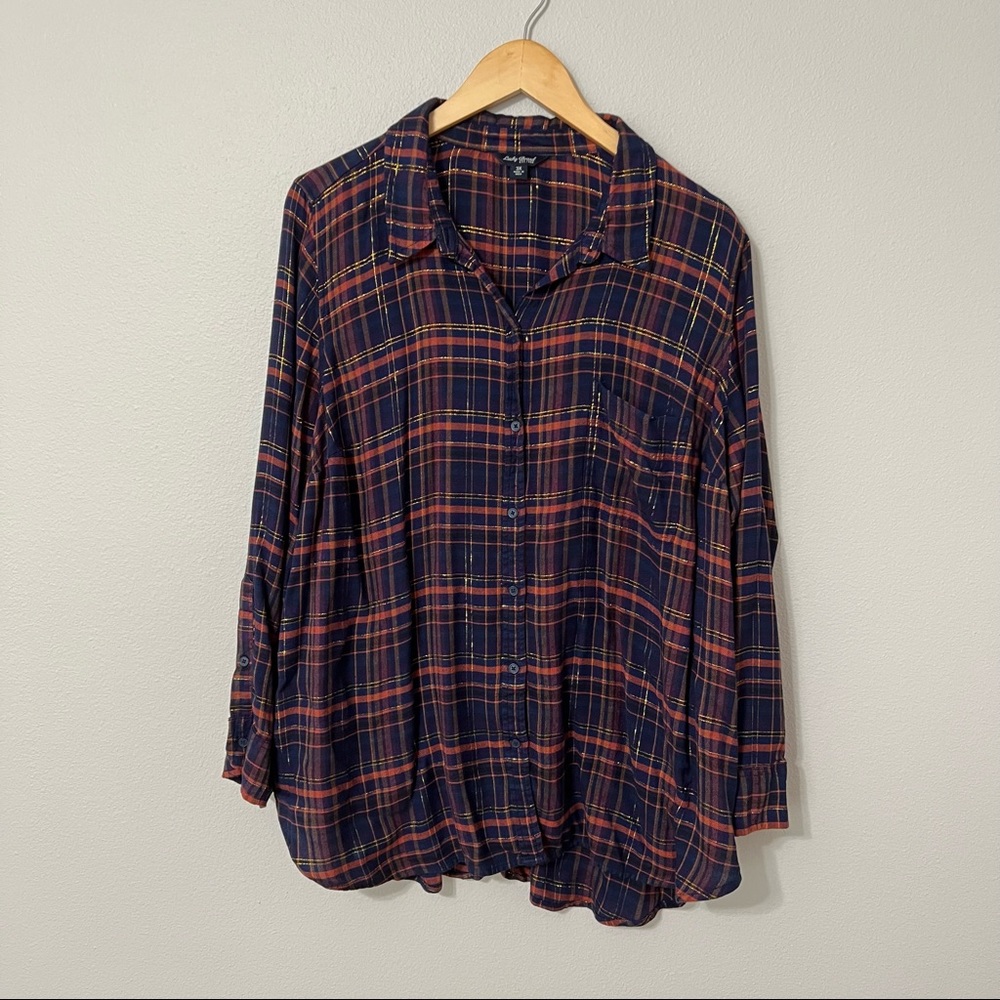 Lucky Brand Navy and Red Plaid Top with metallic gold threads #sh0073 - Picture 3 of 11